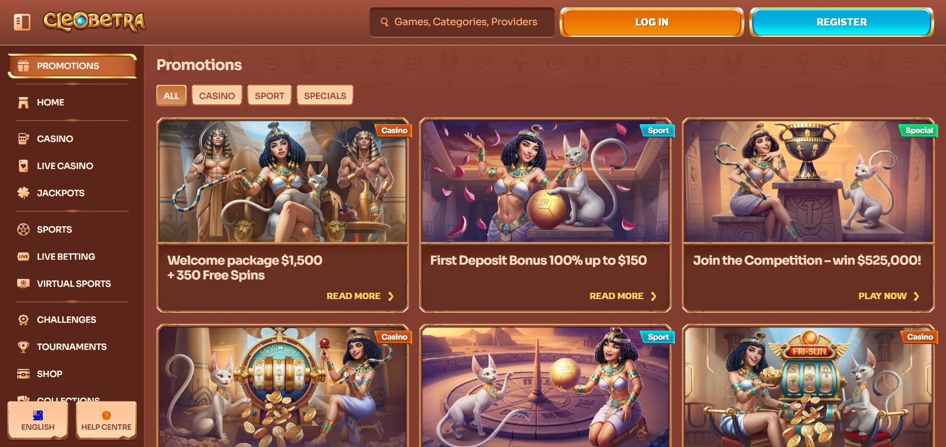 Cleobetra Promotions page with the Welcome package of $1,500 plus 350 Free Spins, a 100% sport deposit offer and a $525,000 competition
