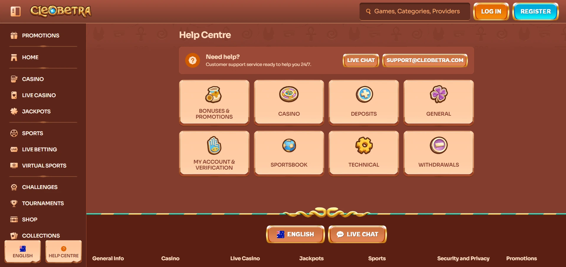 Cleobetra Help Centre with a Live Chat button, the support e-mail and eight topic tiles