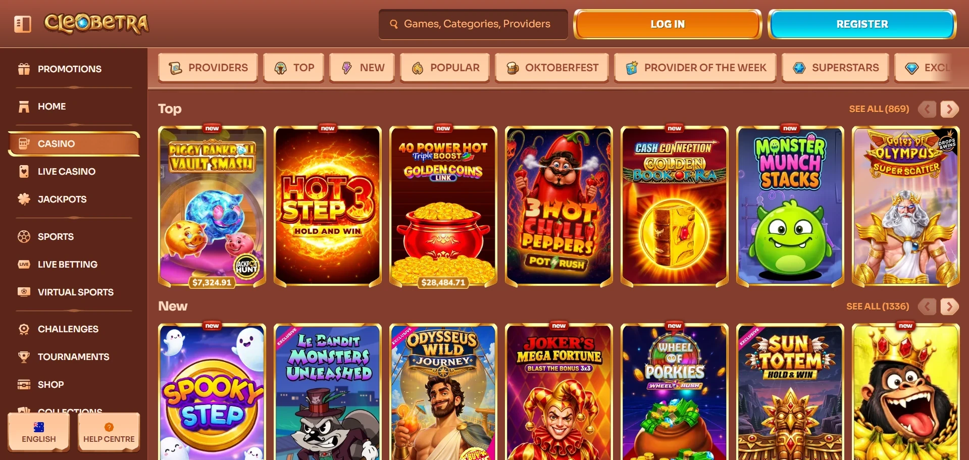Cleobetra casino lobby with the Top row of pokies and the New row below