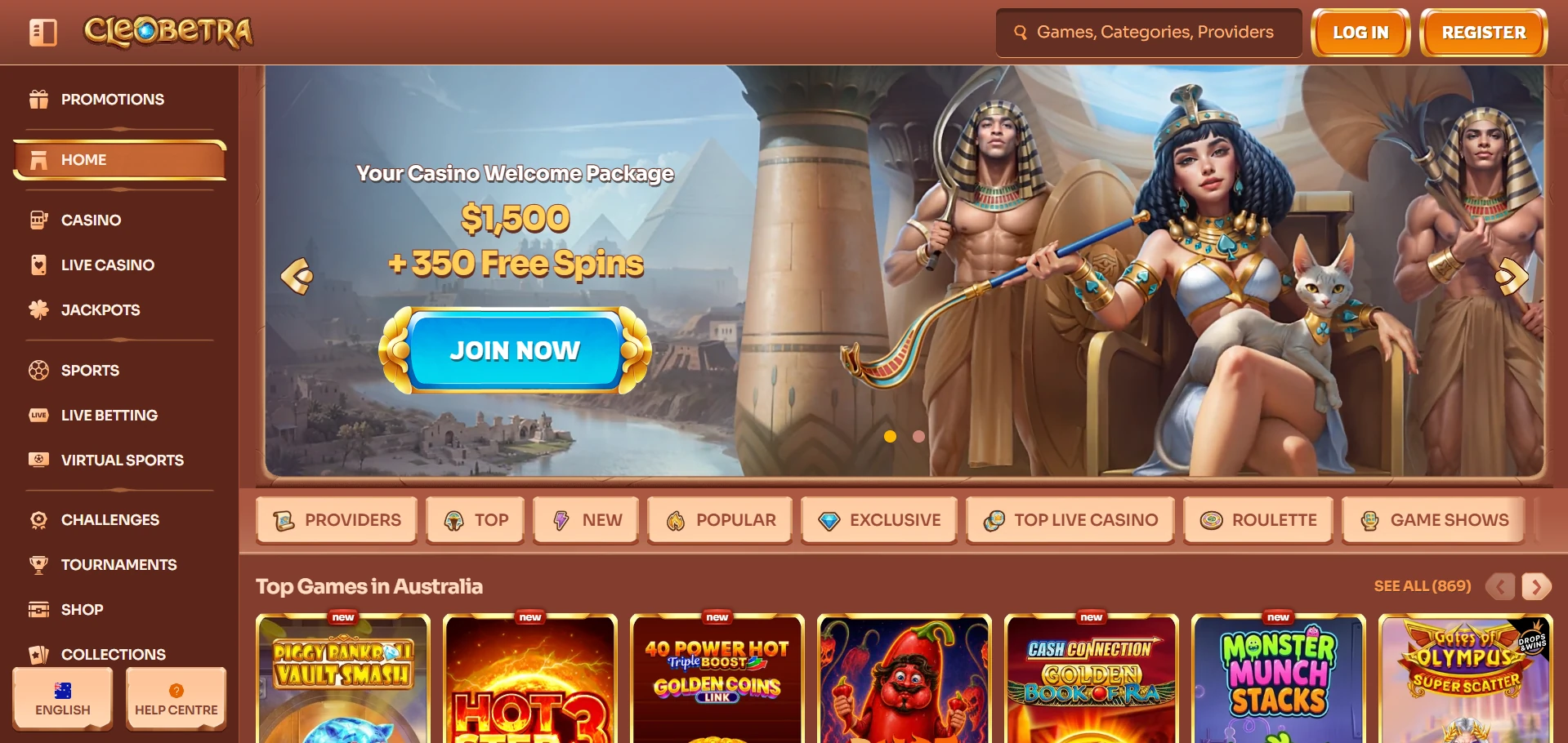 Cleobetra home page with the Welcome Package banner offering $1,500 and 350 Free Spins above the Top Games in Australia row