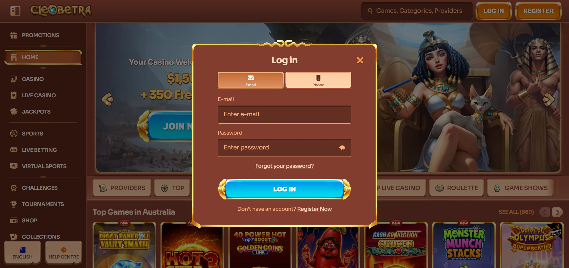 Cleobetra login pop-up with Email and Phone tabs, a password field and a Log In button