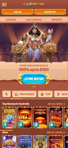 Cleobetra mobile browser view with the Sport Welcome Bonus banner and the numbered Top Games in Australia row