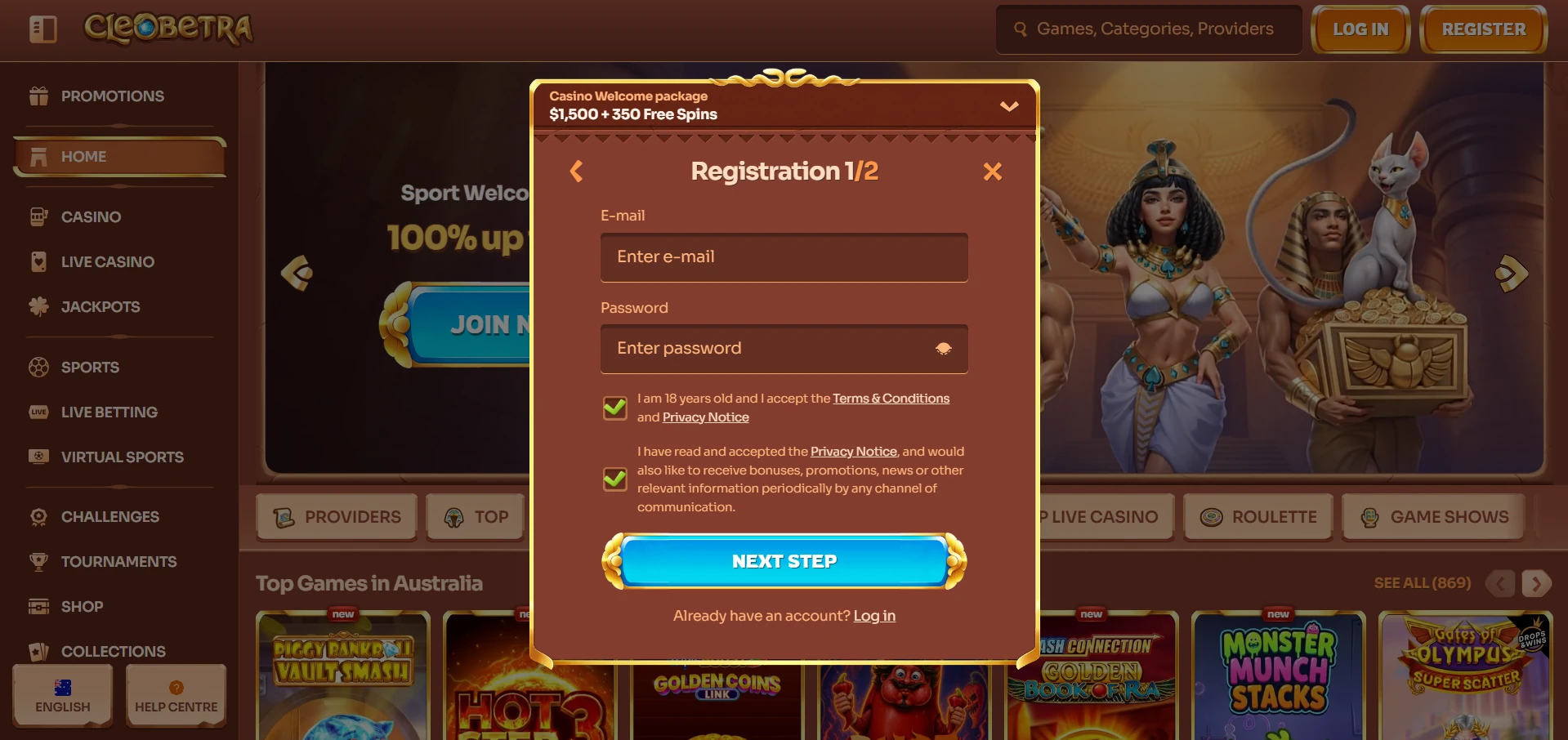 Registration 1/2 form with e-mail, password and tick boxes